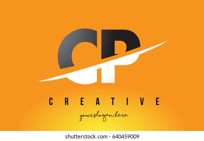 CP C P Letter Modern Logo Design with Swoosh Cutting the Middle Letters and Yellow Background.