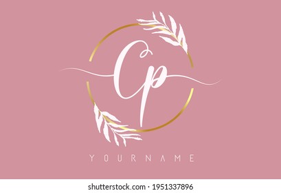 CP c p Letters logo design with golden circle and white leaves on branches around. Vector Illustration with C and P letters for personal branding, business, eco friendly or natural products. 