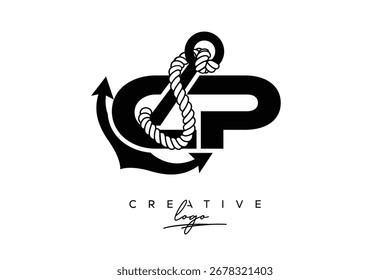CP Creative Monogram Latter Logo con ancla y diseño de cuerda