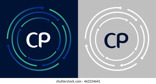 CP design template elements in abstract background logo, design identity in circle, letters business logo icon, blue/green alphabet letters, simplicity graphics