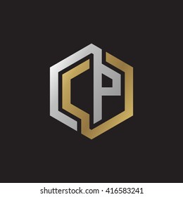 CP initial letters loop linked hexagon elegant logo golden silver black background