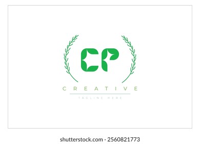 CP letters eco logo with leaf. Fresh nature and healthy leaf logo design.