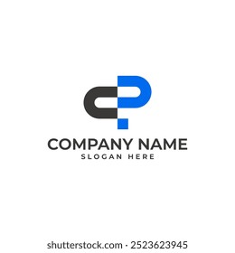 CP logomark with c in black p in blue with the digital pixel as the letter P in geometric and modern style