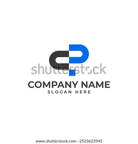CP logomark with c in black p in blue with the digital pixel as the letter P in geometric and modern style