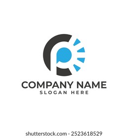 CP logomark with letter C in black P in blue and bubble chat in the center for message and chat and 4 bar in blue for technology industry logo