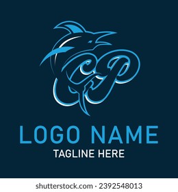 CP shark logo design vector. Cartoon shark mascot on navy background. 
Shark esport mascot logo design. Editable letter shark logo design for company