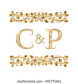 C&P vintage initials logo symbol. The letters are surrounded by ornamental elements. Wedding or business partners monogram in royal style.