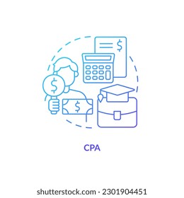 Icono de concepto de gradiente azul CPA. Contador público certificado. Especialista educado. Ilustración de línea delgada de ideas abstractas de carrera contable. Dibujo de contorno aislado. Multitud de fuentes Pro-Bold utilizadas