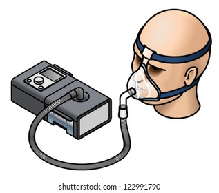 A CPAP (continuous positive air pressure) machine used in the treatment of sleep apnoea. Shown with a mask fitted over a head.