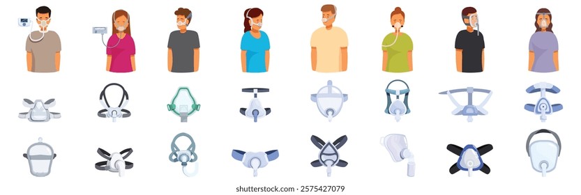 CPAP mask icons set. Different cpap masks and machines are shown, highlighting sleep apnea treatment and respiratory care for patients and healthcare providers