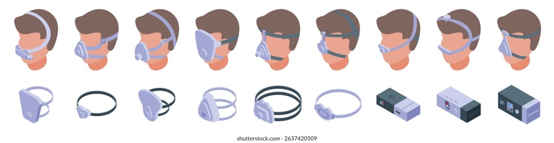 CPAP mask icons set. Different cpap devices for sleep apnea therapy, improving sleep quality and reducing snoring