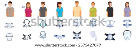 CPAP mask icons set. Different cpap masks and machines are shown, highlighting sleep apnea treatment and respiratory care for patients and healthcare providers