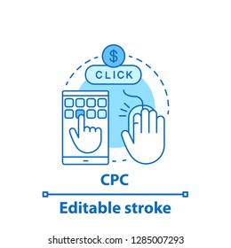 CPC concept icon. Cost per conversion. Pay per click. Idea thin line illustration. Advertising. Vector isolated outline drawing. Editable stroke