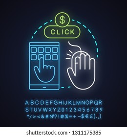 CPC neon light concept icon. Cost per conversion. Pay per click idea. Advertising. Glowing sign with alphabet, numbers and symbols. Vector isolated illustration
