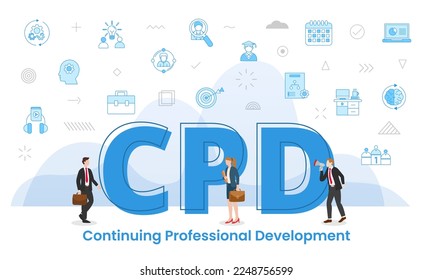 cpd continous professional development concept with big words and people surrounded by related icon spreading