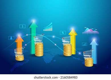 CPI Consumer price index, foods inflation crisis and worldwide economic indicator concept. Growth graph with shopping cart on gold coins on world map. Growth of grocery sales.