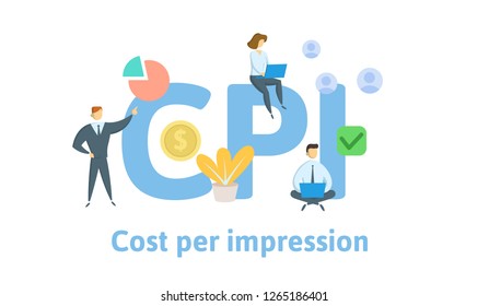 CPI, cost per impression. Concept with keywords, letters, and icons. Colored flat vector illustration. Isolated on white background.