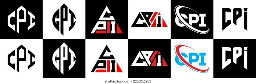 CPI letter logo design in six style. CPI polygon, circle, triangle, hexagon, flat and simple style with black and white color variation letter logo set in one artboard. CPI minimalist and classic logo