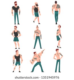 Cpllection of Men with Lot of Tattoos Vector Illustration