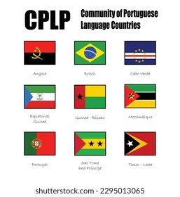 CPLP-Staatsflagge und -flaggen der neun Staaten, die Vollmitglieder der Gemeinschaft der Portugiesischsprachigen Länder sind (oder Lusophone Commonwealth)