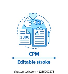 CPM concept icon. Pay per one thousand views, impressions. SMM. Social media marketing. Avertising campaign. Idea thin line illustration. Vector isolated outline drawing. Editable stroke