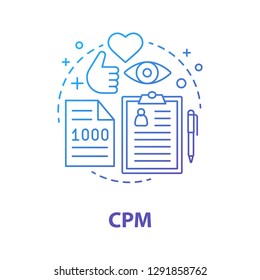CPM concept icon. Pay per one thousand views, impressions. SMM. Social media marketing. Avertising campaign. Idea thin line illustration. Vector isolated outline drawing