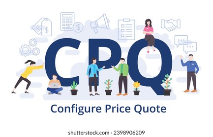 CPQ - Configure Price Quote concept with big word text acronym and team people in modern flat style vector illustration