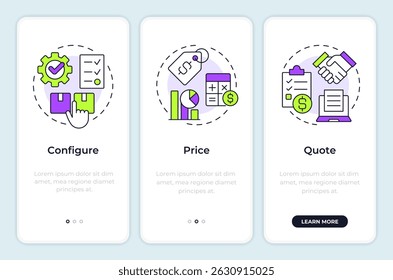 CPQ process onboarding mobile app screen. Product management. Walkthrough 3 steps editable graphic instructions with linear concepts. UI, UX, GUI
