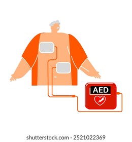 RCP com personagem de desenho animado AED em fundo isolado.