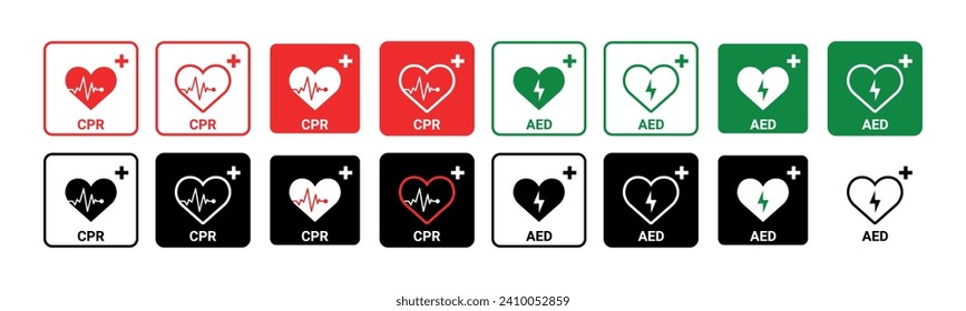 CPR and AED icon collection vector. Emergency defibrillator sign or icon.