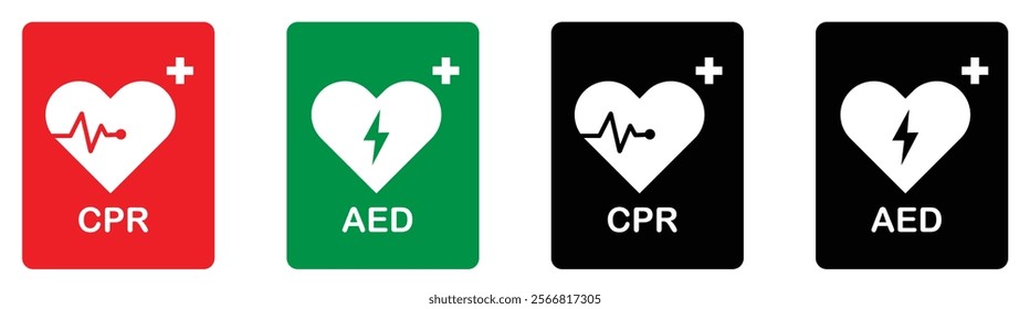 CPR and AED vector icons in red, green and black color isolated set on white background. Emergency defibrillator signs set. Automated external heart defibrillator. Heart electricity icon. Aid icon. 