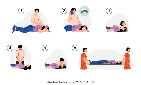 CPR aid. Medical cardiopulmonary resuscitation process, first help save life medics infographic, chest compression emergency medicine procedure. Vector illustration.