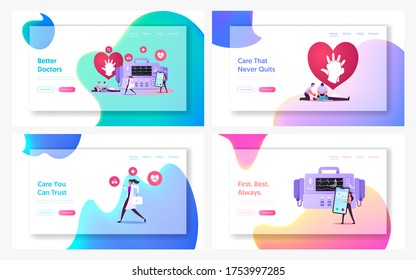 Cpr Cardiopulmonary Resuscitation Emergency Procedure Landing Page Template Set. Doctor Characters Ambulance, Intensivist Perform Defibrillation to Critical Patient. Cartoon People Vector Illustration