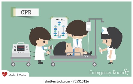 CPR ( Cardiopulmonary Resuscitation ) in emergency room . Medical team resuscitate cardiac arrest patient by chest compression , defibrillation and medicine . Advanced Cardiovascular Life Support .