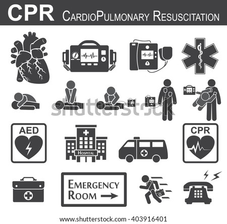 CPR ( Cardiopulmonary resuscitation ) icon ( black & white , flat design ) , Basic life support ( BLS )and Advanced cardiac life support ( ACLS )( mouth to mouth , chest compression , defibrillation )