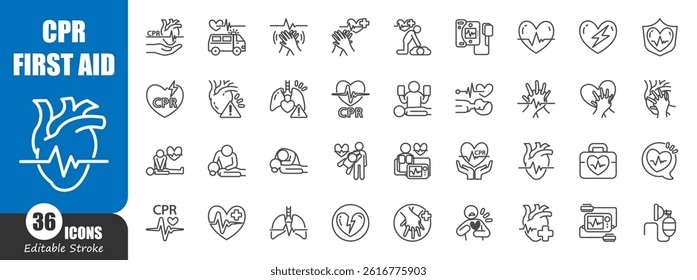CPR . Cardiopulmonary Resuscitation . Medical outline icon . Editable stroke . Vector .