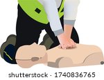 CPR Or Cardiopulmonary Resuscitation Vector Illustration. BLS technique on manikin performed by paramedic.