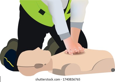 CPR Or Cardiopulmonary Resuscitation Vector Illustration. BLS technique on manikin performed by paramedic.