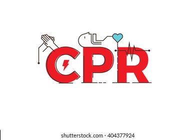 CPR -cardiopulmonary resuscitation word lettering typography design illustration with outline icons and ornaments in red theme