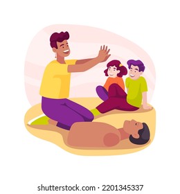 CPR for a child isolated cartoon vector illustration. Teaching CPR on children, instructor showing cardiopulmonary resuscitation on a kid, parents first aid course, saving life vector cartoon.