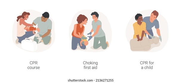 CPR Course For Parents Isolated Cartoon Vector Illustration Set. First Aid Course, Adult Train Heart Massage On Child Dummy, Pushing Kid Chest From Behind, Choking Cpr Instruction Vector Cartoon.