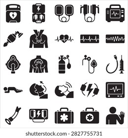 Cpr and emergency life support icons with emergency firstaid resuscitation defibrillator training hospital heartbeat procedure treatment medicine paramedic ambulance firstresponder