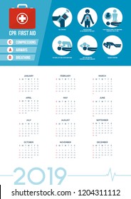CPR and first aid kit calendar 2019 with medical supplies for emergencies, healthcare concept