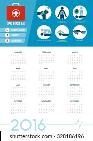 CPR and first aid kit calendar 2016 with medical supplies for emergencies, healthcare concept