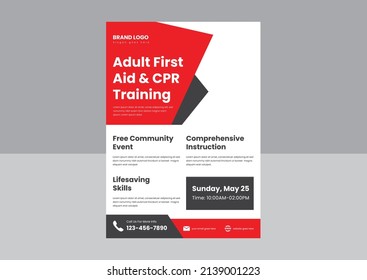 CPR And First Aid Training Flyer Poster Template. CPR Training Course Flyer Poster Design. First Aid Adult CPR Training Flyer Design.