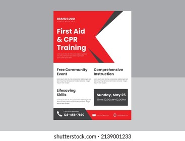 CPR And First Aid Training Flyer Poster Template. CPR Training Course Flyer Poster Design. First Aid Adult CPR Training Flyer Design.