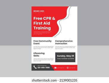 CPR and first aid training flyer poster template. CPR training course flyer poster design. first aid adult CPR training flyer design.