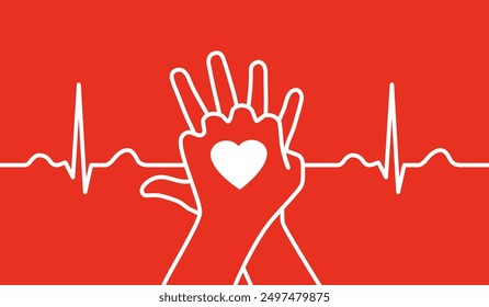 Diseño de cardiograma de manos y latidos cardíacos con RCP. Imagen Clipart aislada sobre fondo blanco