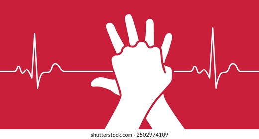 CPR hands and heartbeat line design. Clipart image isolated on white background