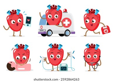 CPR and heart cartoon characters .  Basic life support and advanced cardiac life support . Isolated white background . Vector .